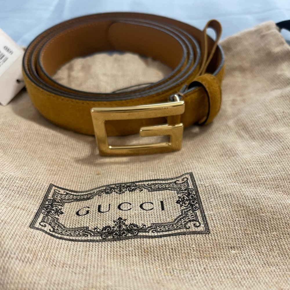 Gucci Mens Suede GG Belt mustard Brown-Mahogany 110/44 Italy.